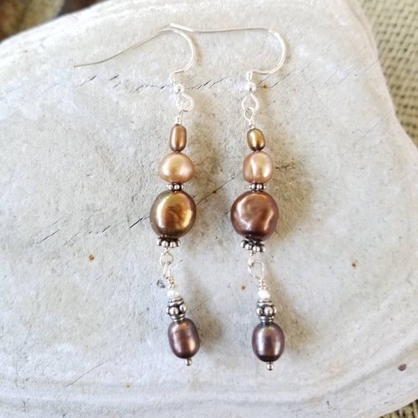 Dangle Pearl Earrings.  Chocolate, Champagne and Bronze Iridescent Pearls. Bohemian style