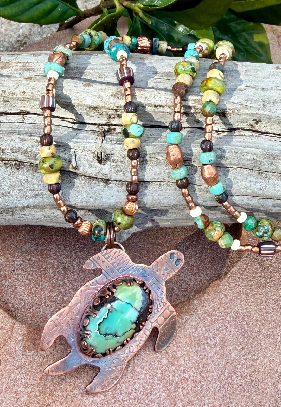 Copper & Turquoise Handcrafted Turtle on Boho Beaded Necklace - Etsy