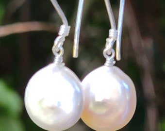 Freshwater White Coin Pearl Earrings - AAA Grade - Bridesmaid Gift - Thick, high luster, 12mm  Cultured Pearls -  Everyday Elegance!