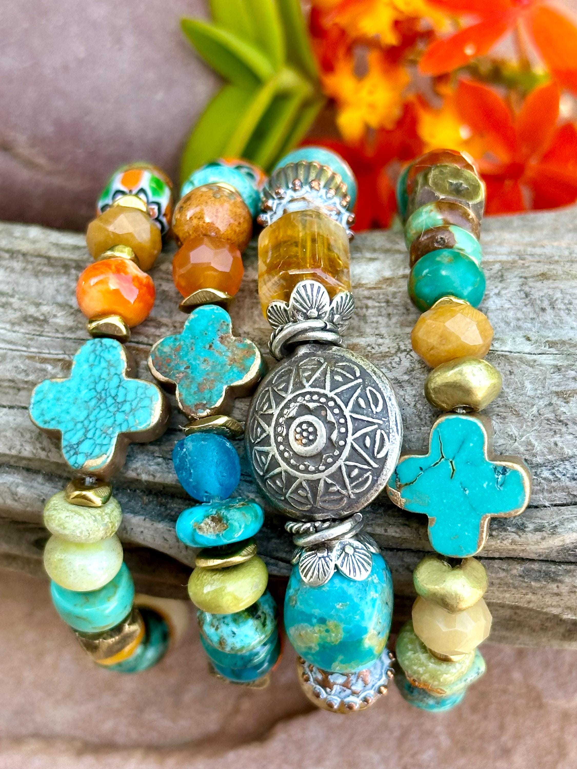 Turquoise Eclectic Bracelet Stack - DharmaShop Turquoise multi colored bohemian handmade eclectic bracelet display picture 1