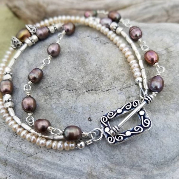 Tiny Champagne &  Chocolate Potato Pearls, 3 strand bracelet.   Karen Hill Tribe handcrafted Silver beads forever entwined.