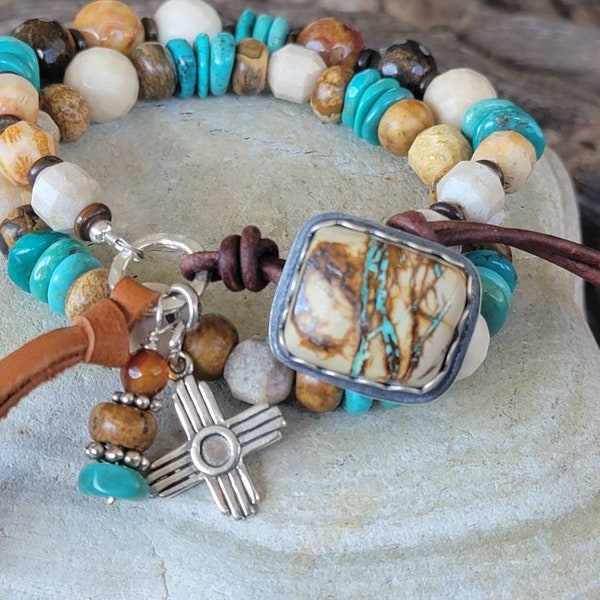 Seven Dwarfs Turquoise Button Cab Bracelets. Leather, Turquoise and Sterling stacked Bracelets.
