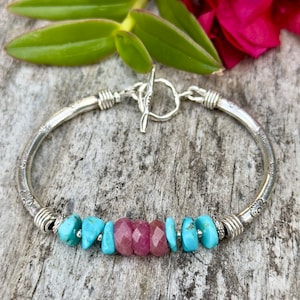 Handcrafted Thai Silver Bracelet: Ruby, Turquoise, Boho Chic