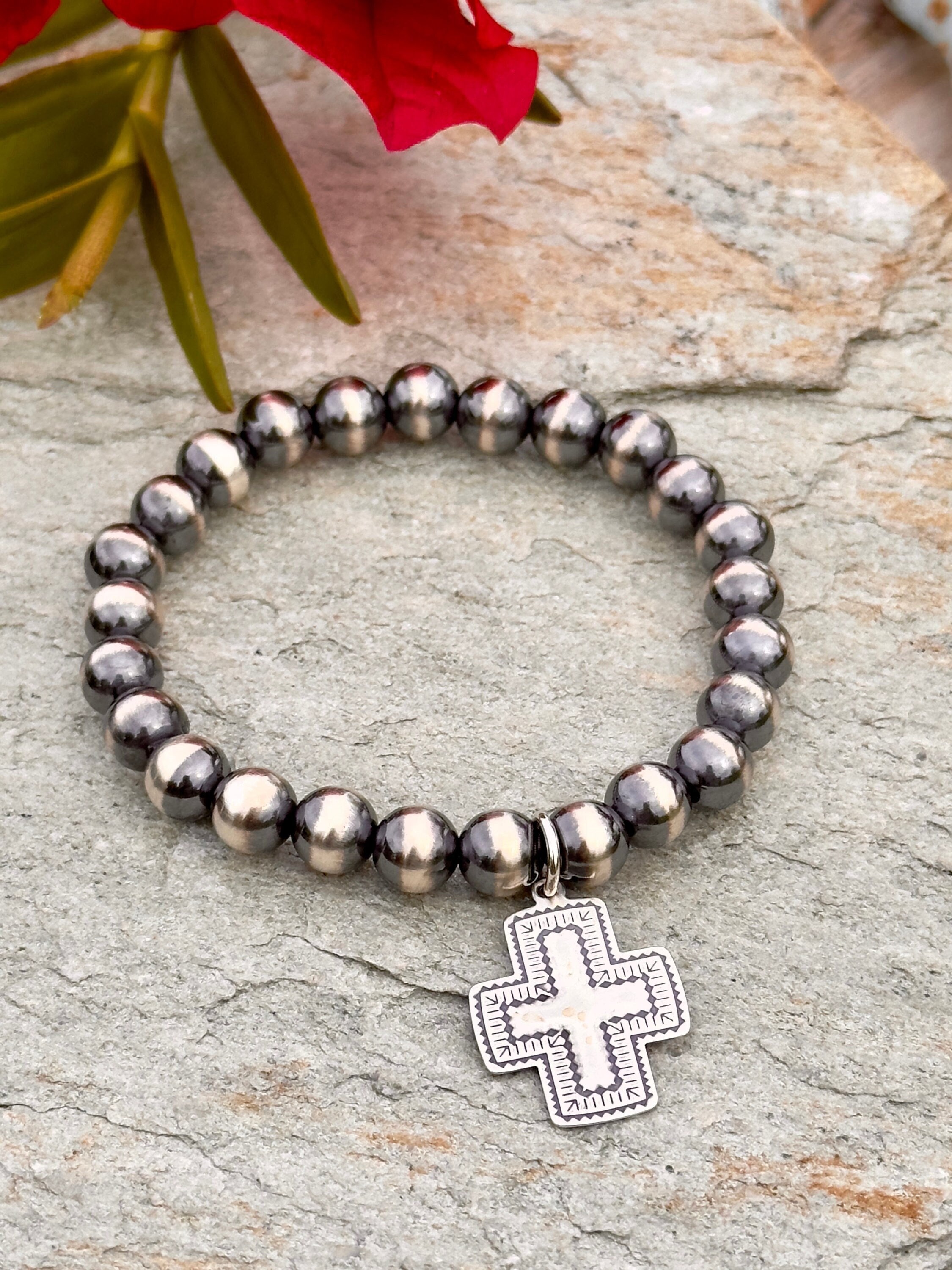 Sterling Silver Navajo Pearl Bracelet – Southwestern Cross Charm