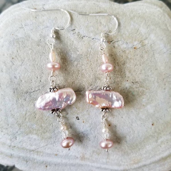 Dangle Freshwater Pearl earrings - Pink Biwa Pearl Earrings - Dangle Pearl Earrings - Summer Wedding Earrings -