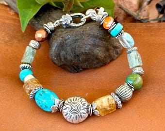 Turquoise & Citrine Chunky Bracelet: Thai Silver Sun Focal, Boho Sundance Style