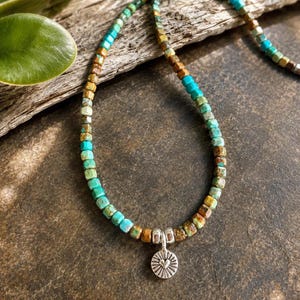Ombré Turquoise Cube Bead Necklace | Tiny Hill Tribe Silver Heart Pendant, Boho Southwestern Style