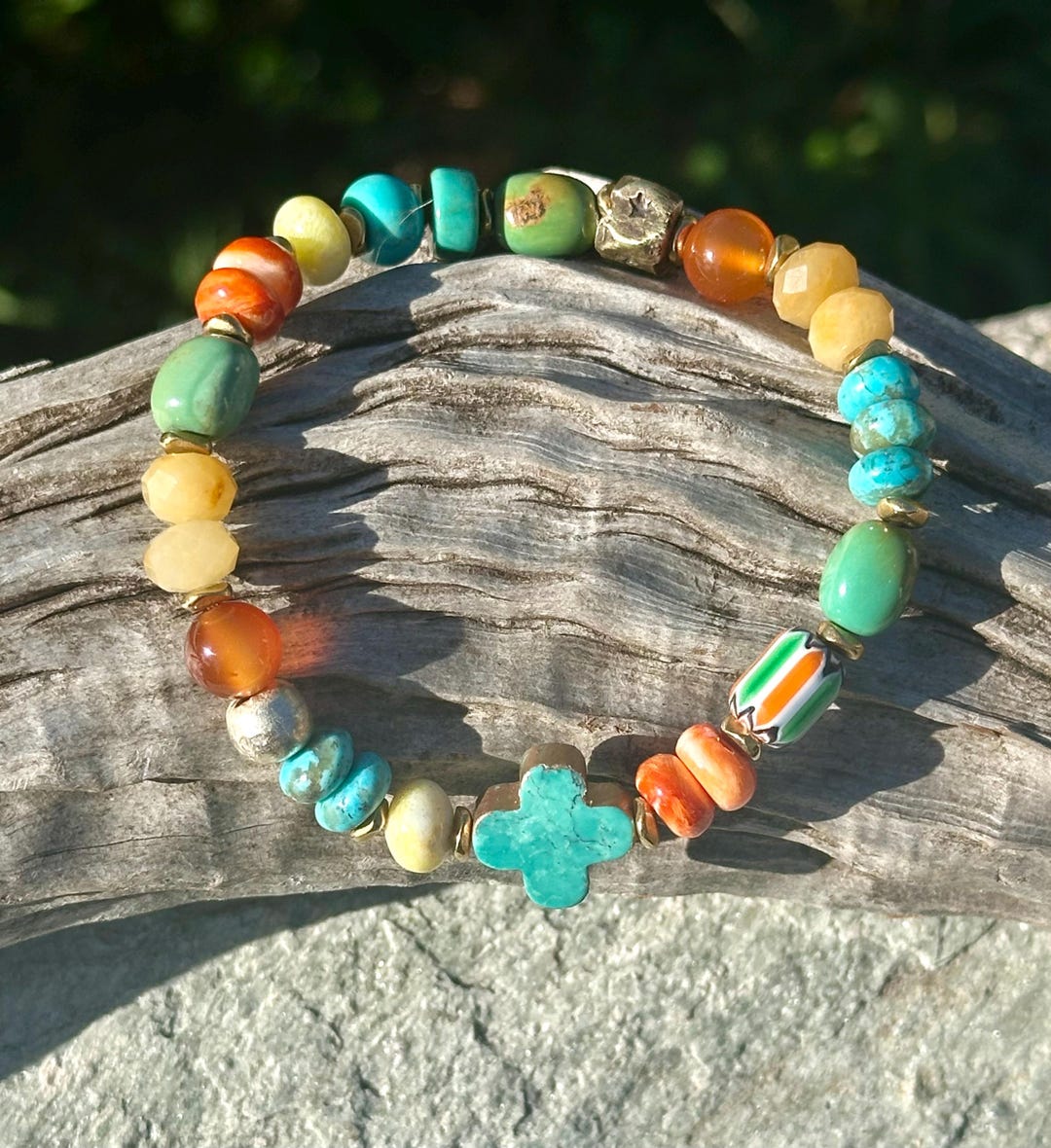 Turquoise Eclectic Bracelet Stack - DharmaShop Turquoise multi colored bohemian handmade eclectic bracelet display picture 1