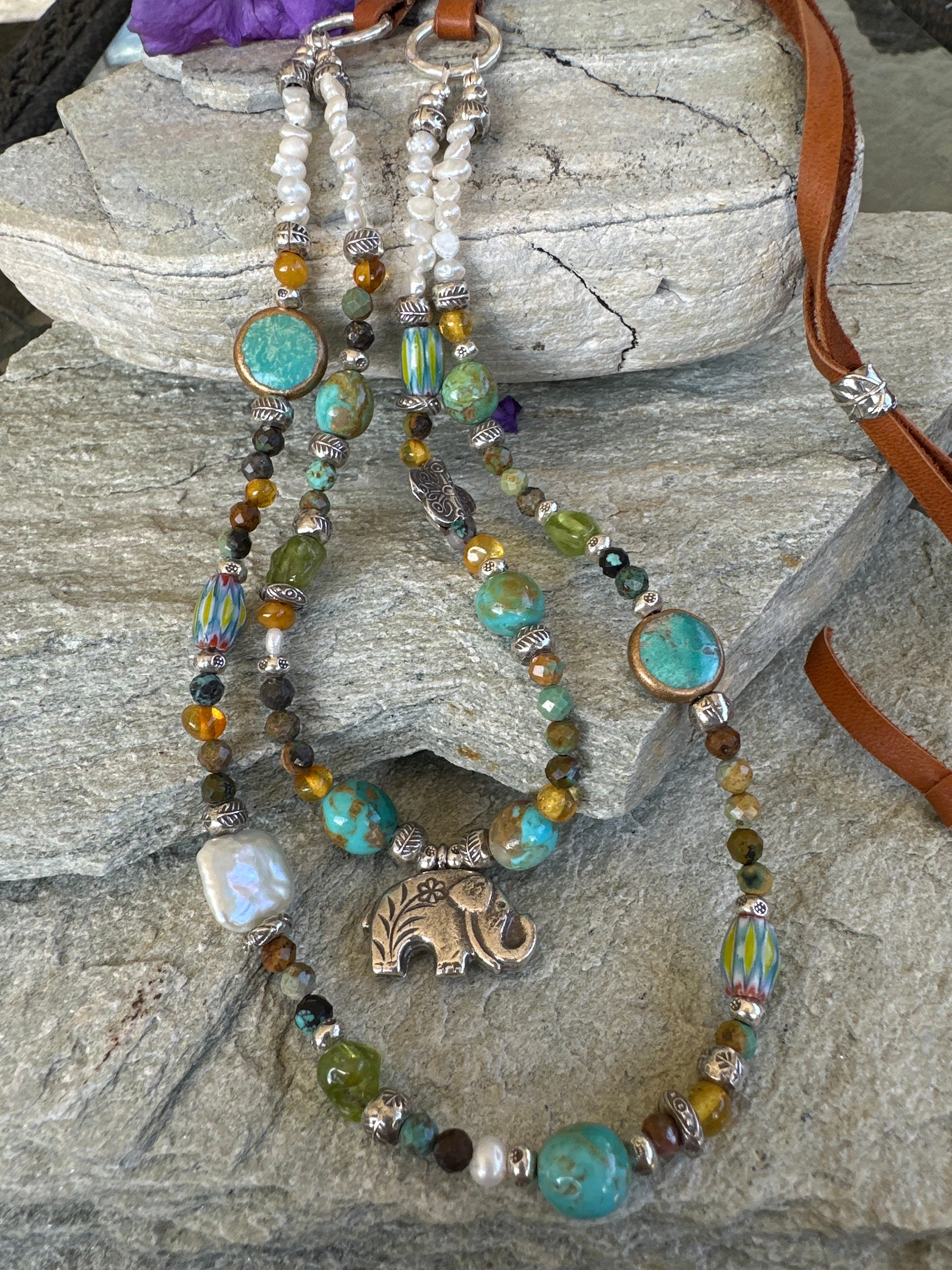 Turquoise and Hilltribe Silver Elephant Beaded Necklace. - Etsy