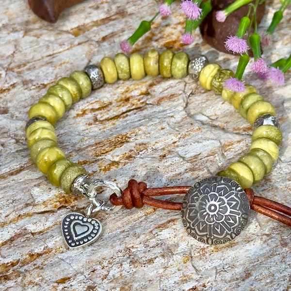 Natural Yellow Turquoise & Hilltribe Silver Heart Bracelet.  Thai Silver Button - Leather