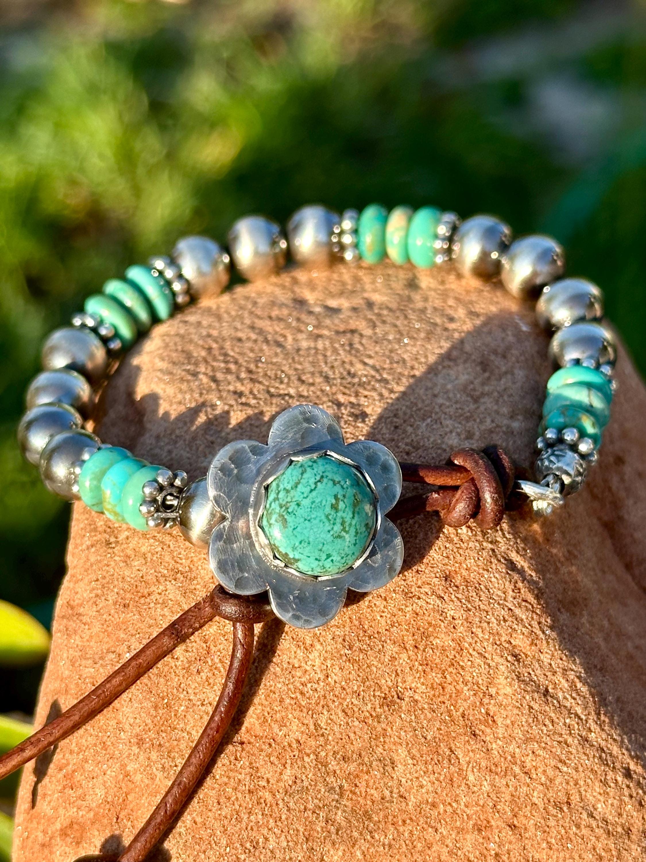 Navajo Pearl and Turquoise Leather Bracelet