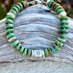 Natural  Green Turquoise Bracelet with Sterling Silver  Sunburst focal bead. Native American.