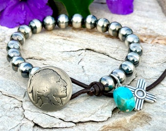 Sterling Silver Navajo Pearl Bracelet: Turquoise, Buffalo Nickel, Zia Cross