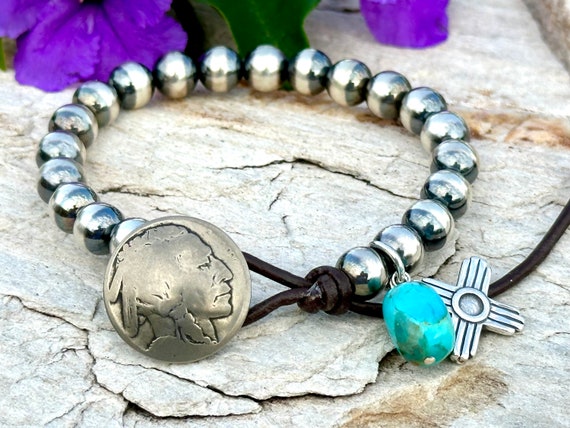 Detailed Cross Native American Navajo Sterling Silver Turquoise Leather Bracelet Detailed Cross Native American Navajo Sterling Silver Turquoise Leather Bracelet