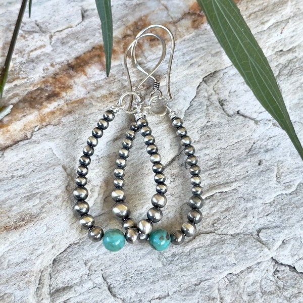 Sterling Navajo Pearl & Turquoise Earrings. Outlaw earrings. Turquoise centered loops