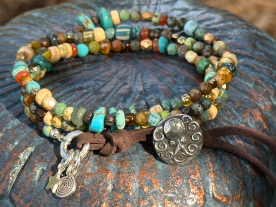 Turquoise Eclectic Bracelet Stack - DharmaShop Turquoise multi colored bohemian handmade eclectic bracelet display picture 1