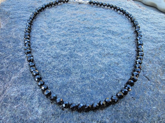 Mens Black Spinel Necklace 5mm Diamond Cut Round Natural Black