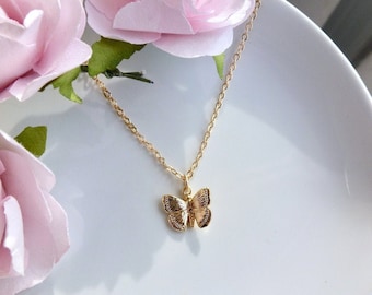 Gold butterfly necklace, butterfly pendant, 24k gold plated, small butterfly, gold butterfly, choker, wedding necklace, butterfly, gift for her