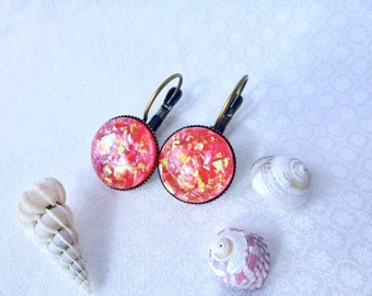 Shimmering red sleepers, bronze metal, large earrings, golden red, faux opal, orange, resin, 14 mm, round, women's gift