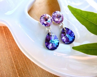 Boucles d'oreilles en argent 925 bicolores et cristal Swarovski violet et bleu Héliotrope