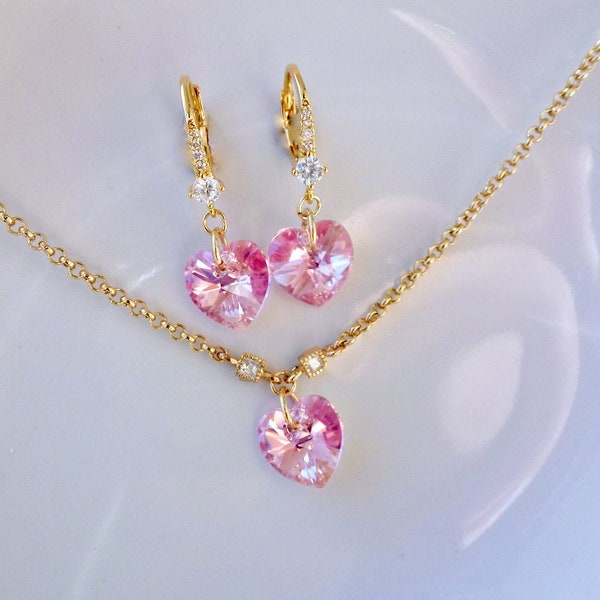 Adornment pink hearts, necklace and earrings, Swarovski crystal, Rose AB, gold plated, zircons, wedding, sleepers, gift for her