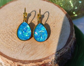 Turquoise Shimmering Gold Metal Resin Teardrop Stud Earrings