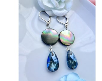 Boucles d'oreilles nacre cristal, pendentif coquillage, acier inoxydable, nacre noire, goutte cristal, abalone, ormeau, perle, coquillage