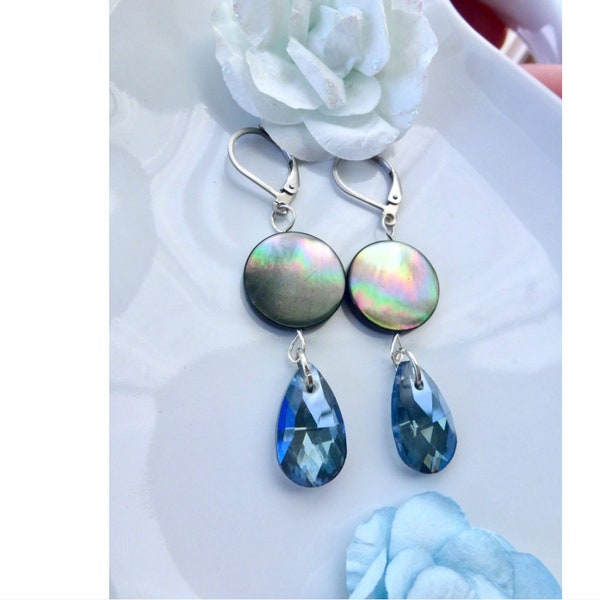 Boucles d'oreilles nacre cristal, pendentif coquillage, acier inoxydable, nacre noire, goutte cristal, abalone, ormeau, perle, coquillage