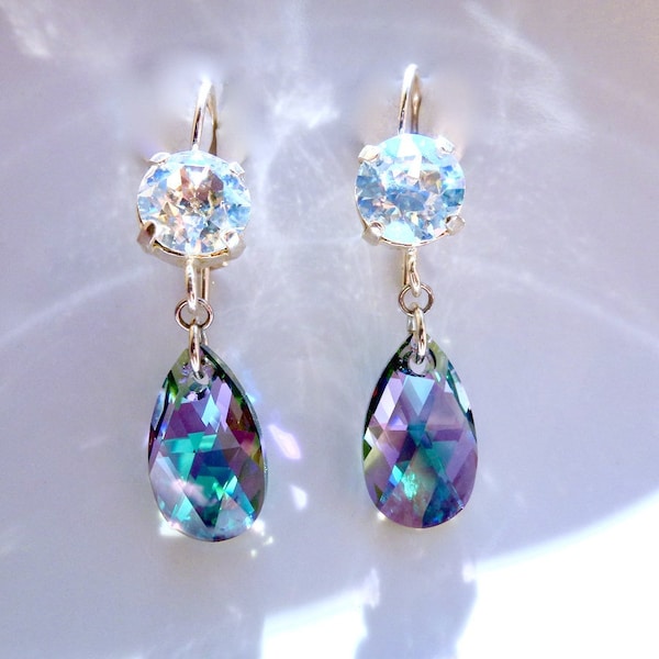 Boucles d'oreilles blanches et violettes en cristal paradise shine Swarovski argenté style dormeuses fermées