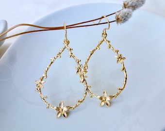 Flower crown hoop earrings, wedding earrings, gold plated, drop hoop earrings, gold filled, gold flowers, fine, minimalist, flowers