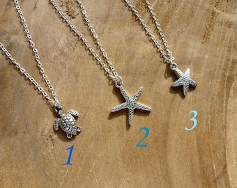 Starfish or turtle pendant necklace in Tibetan silver chain silver metal