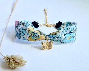 Bracelet Liberty papillon, or plaqué 14k, Meadow Mint, bracelet tissu, papillon or, tissus fleurs, Liberty de Londres, réglable, vert