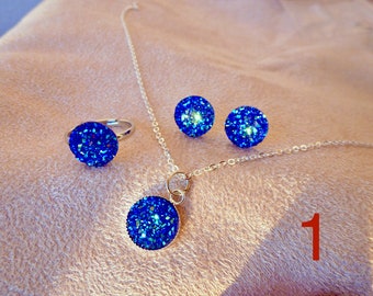 Stainless steel and blue silver plated chain set with necklace earrings and adjustable ring resin drusy gemstone