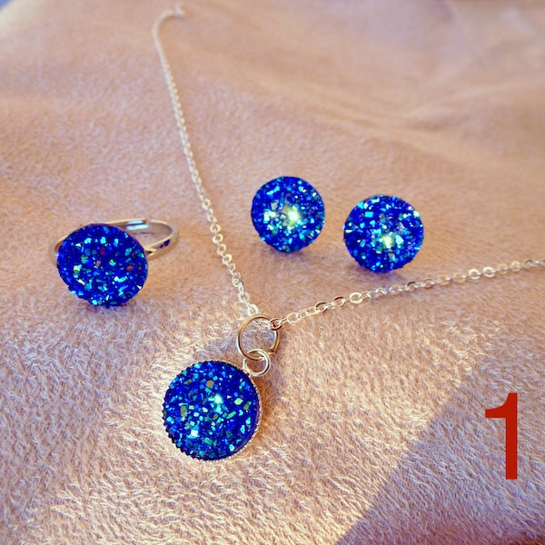 Parure brillante bleue, bague réglable, collier et boucles d'oreilles, plaqué argent, demoiselle d'honneur, drusy, pierre bleue, bleu roi