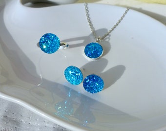 Turquoise blue set, necklace and earrings, silver plated, blue stone, stud earrings, bridesmaid, Caribbean, ring
