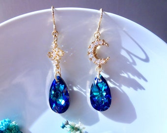 Gold-plated star and moon earrings with a heliotrope blue Swarovski crystal drop in 14k gold-filled