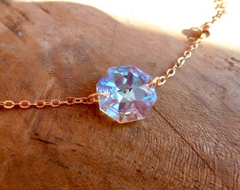 Choker necklace with a beaded chain and a translucent Blue AB Swarovski Crystal Octagon central pendant, gold-plated brass