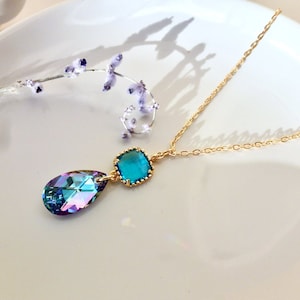 Turquoise crystal necklace, gold plated, square crystal, Swarovski crystal, Stained Glass Light, blue crystal, fine, victorian, blue, purple, wedding