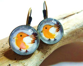 Robin earrings, Christmas sleepers, bird cabochon, bronze metal, 14 mm, painting, miniature, bird, cute, woman, gift