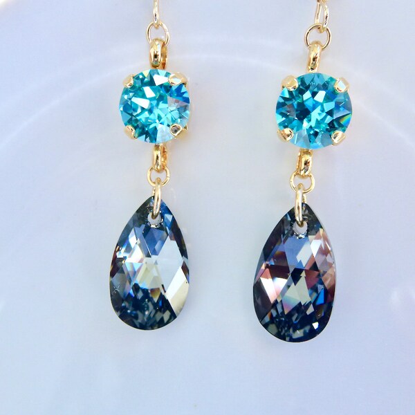 Sparkling gold gold filled 14k earrings and 2 Swarovski crystals combined round light turquoise and grey drop silver night