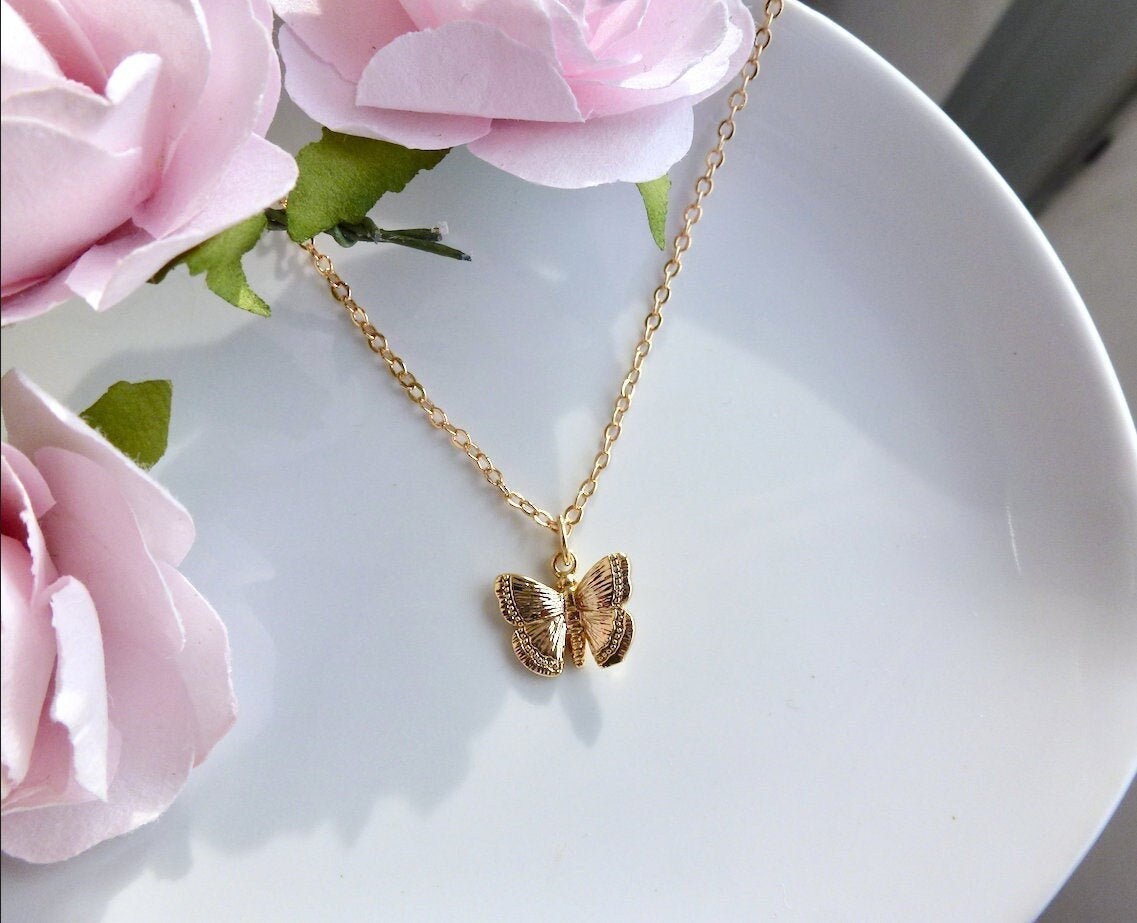 18k Gold Plated Butterfly Necklace, Butterfly Pendant, Small Butterfly, Gold Butterfly, Choker, Wedding Necklace, Butterfly, Gift for Her