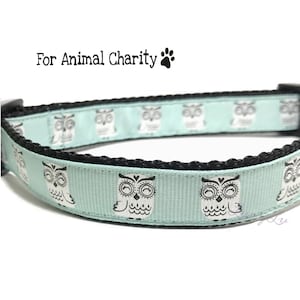 Owl Dog Collar for Animal Charity - Mint Green, Light Blue and Black Adjustable Nylon and Ribbon, Fits 10" - 14", 3/4" Wide, Small