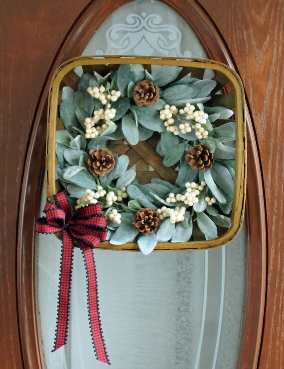 RUSTIC Tobacco Basket With Lamb's Ear, Pine Cones and Berries. Winter Wreath.  Fall Wreath. Christmas. Year Round Wreath. Rustic Wreath