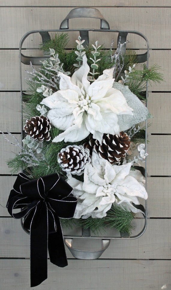 RUSTIC METAL Tobacco Basket With White Poinsettias , Pinecones and Greens.  Christmas, Winter, Year Round. Rustic Wreath