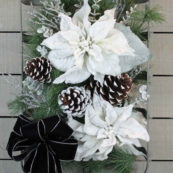 RUSTIC METAL Tobacco Basket with White Poinsettias , Pinecones and greens. Christmas, Winter, Year Round. Rustic Wreath.