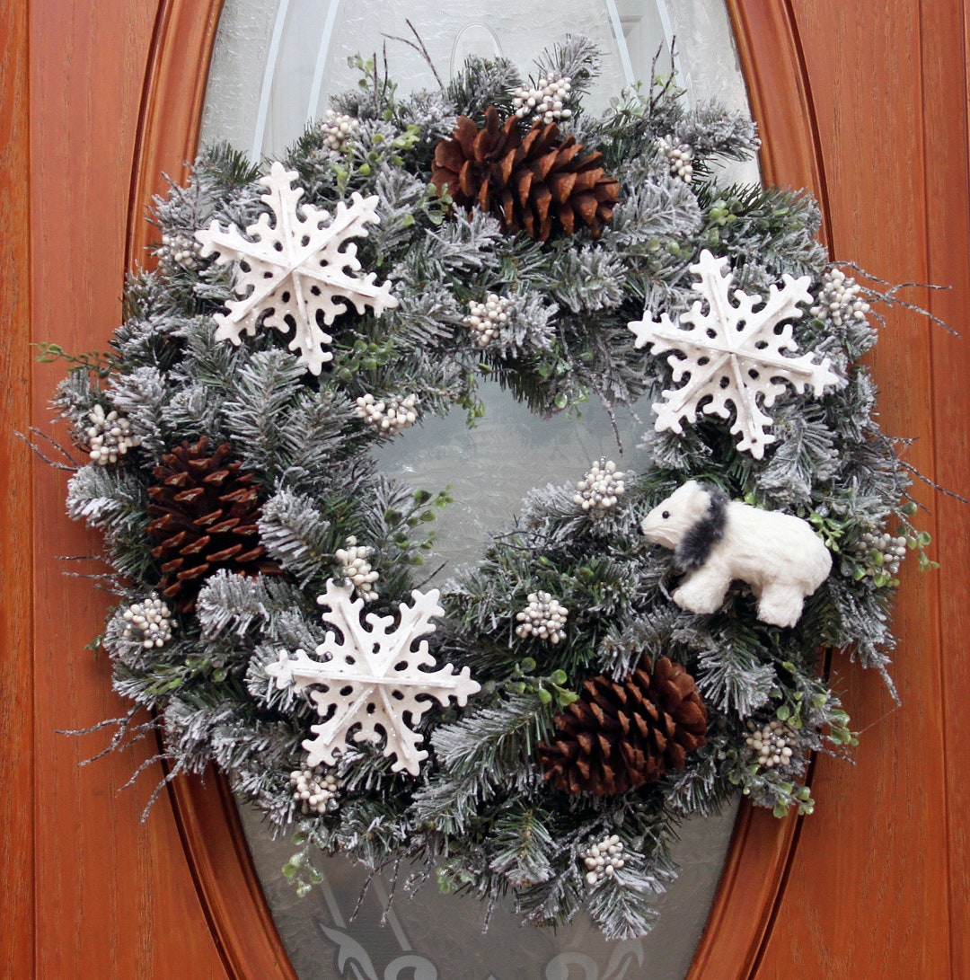 Christmas Frosted Evergreen Wreath With Pine Cones, Snowflakes and ...