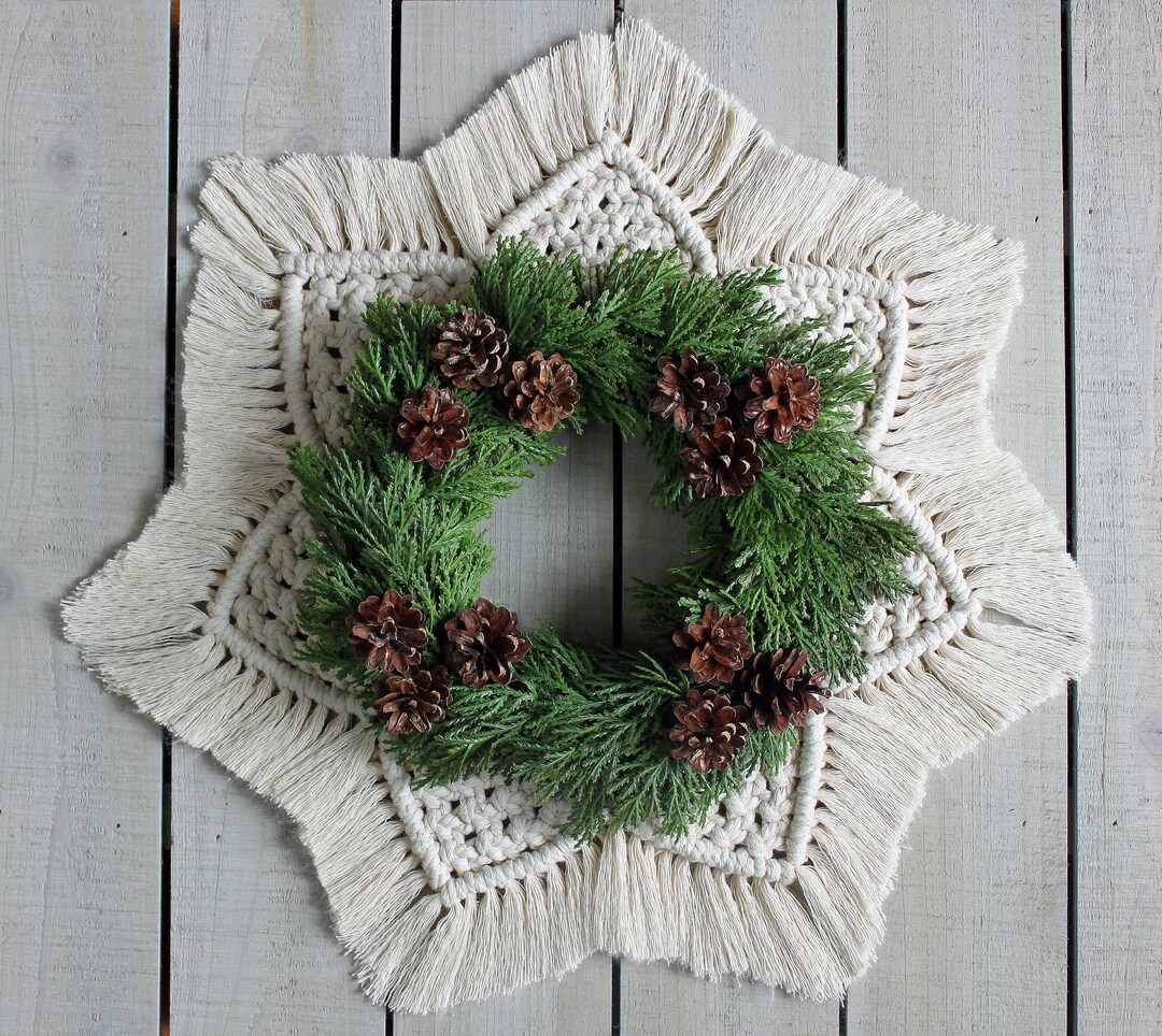 Christmas Macrame and Evergreen Wreath With Pine Cones. Holiday Wreath ...