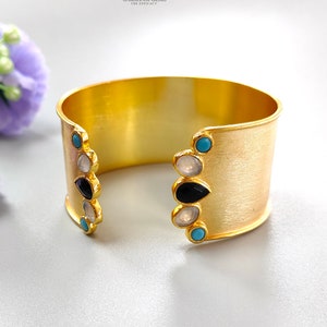 Handmade Cuff Bracelet: 26gms Gemstone Cut Gold Plated Adjustable Fancy Bracelet for Women
