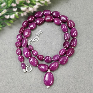 Ruby Gemstone Beads Necklace: 53.46gms Natural Untreated Red Ruby Plain Fancy Beaded 925 Silver Necklace 7.5*6mm - 16.5*12.5mm 18&quot;