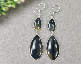 TIGER EYE Gemstone Earrings : 9.73gms Natural Tiger Eye 925 Sterling Silver Black Cabochon Bezel Set Drop Dangle Earring 2.90" (With Video)